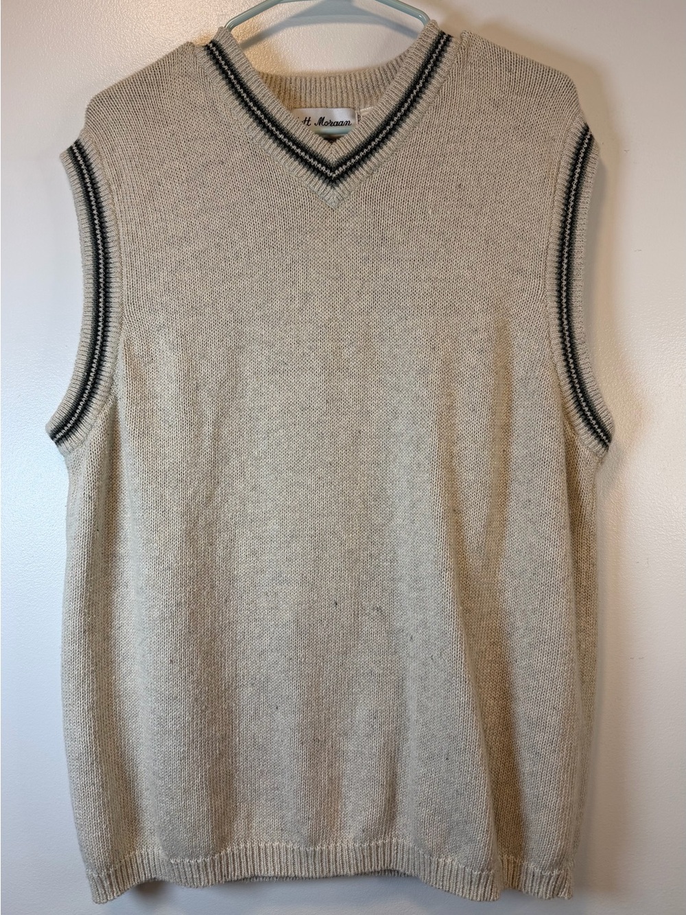 Matt Morgan Vintage Classic Cream & Green V‑Neck Knit Sweater Vest Men’s XL